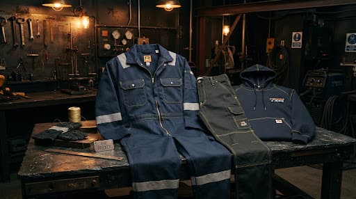 Navy flame retardant overalls, trousers and a sweatshirt laid out on a workshop bench