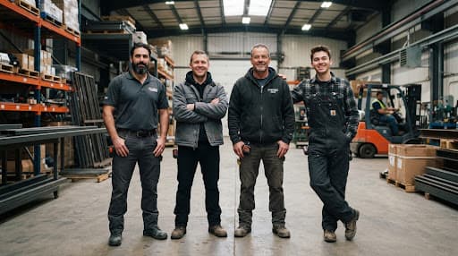Four men in a warehouse wearing work trousers, a polo shirt, a work jacket, a hoodie and bib and brace overalls