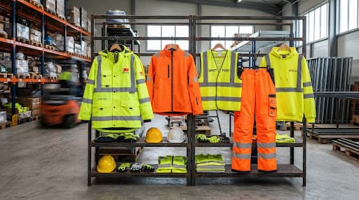 Rack of yellow and orange hi-vis jackets, vests, trousers and hoodies with reflective tape in a warehouse
