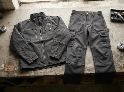 Charcoal work jacket and cargo work trousers laid flat on a concrete workbench for specification review