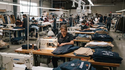 Garment workers sewing workwear on a production line in Sialkot